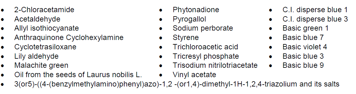 2-Chloracetamide  Acetaldehyde  Allyl isothiocyanate  Anthraquinone Cyclohexylamine  Cyclotetrasiloxane  Lily aldehyde  Malachite green  Oil from the seeds of Laurus nobilis L.  Phytonadione  Pyrogallol  Sodium perborate  Styrene  Trichloroacetic acid  Tricresyl phosphate  Trisodium nitrilotriacetate  Vinyl acetate  C.I. disperse blue 1  C.I. disperse blue 3  Basic green 1  Basic blue 7  Basic violet 4  Basic blue 3  Basic blue 9  3(or5)-((4-(benzylmethylamino)phenyl)azo)-1,2 -(or1,4)