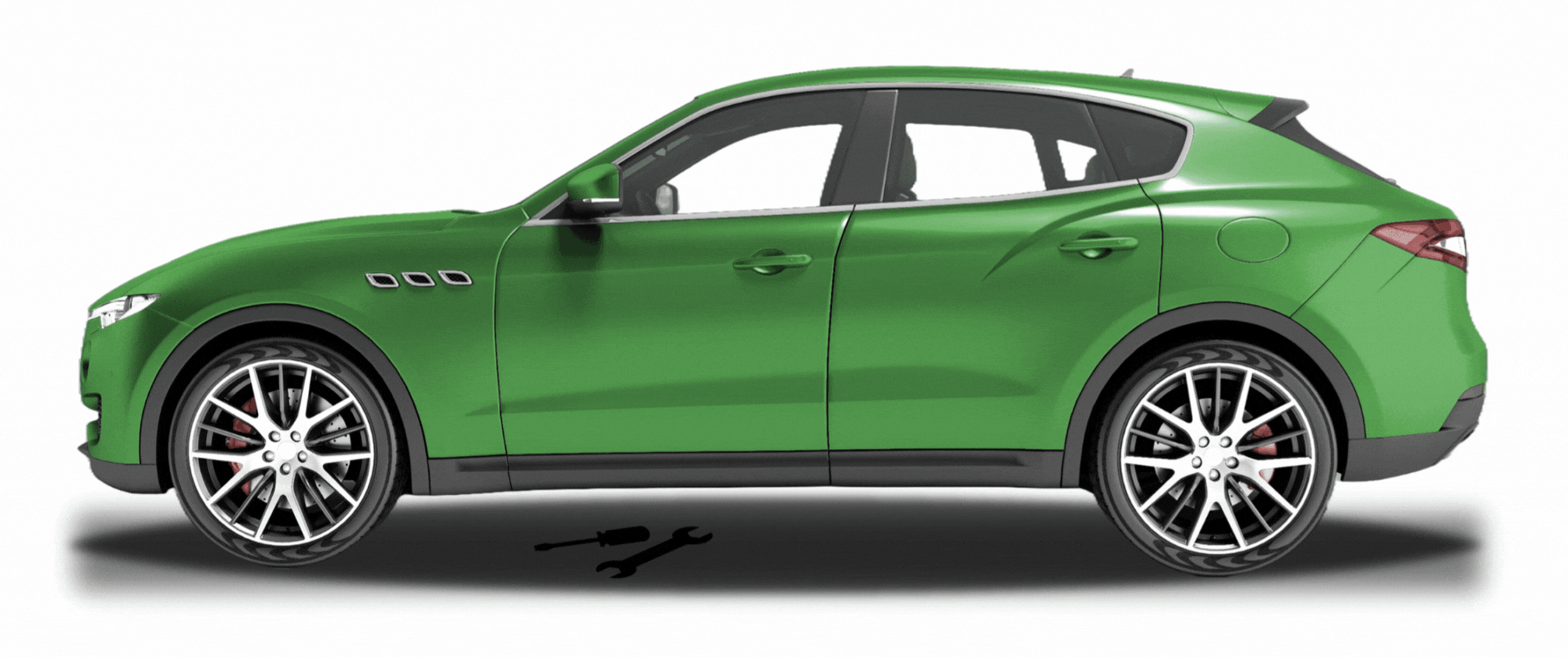 green car with 6 different boxes indicating the different automotive components Bureau Veritas can test