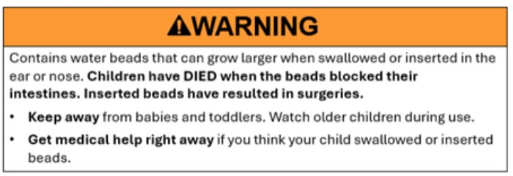 water bead warning label