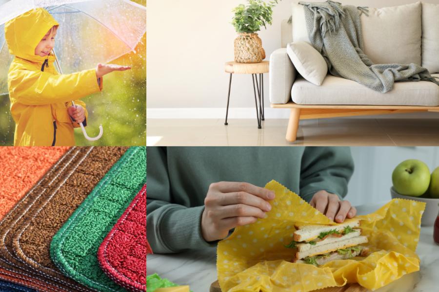 a collage of four images: a boy in a yellow rain jacket with a clear umbrella standing in the rain; a grey couch with a throw blanket and a wooden table with a potted plant on top if it sitting next to the couch; a series of different colored bath mats stacked on each other; a person wrapping a sandwich in a reusable yellow wax wrap